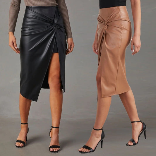 Aria Asymmetric Leather Midi Skirt